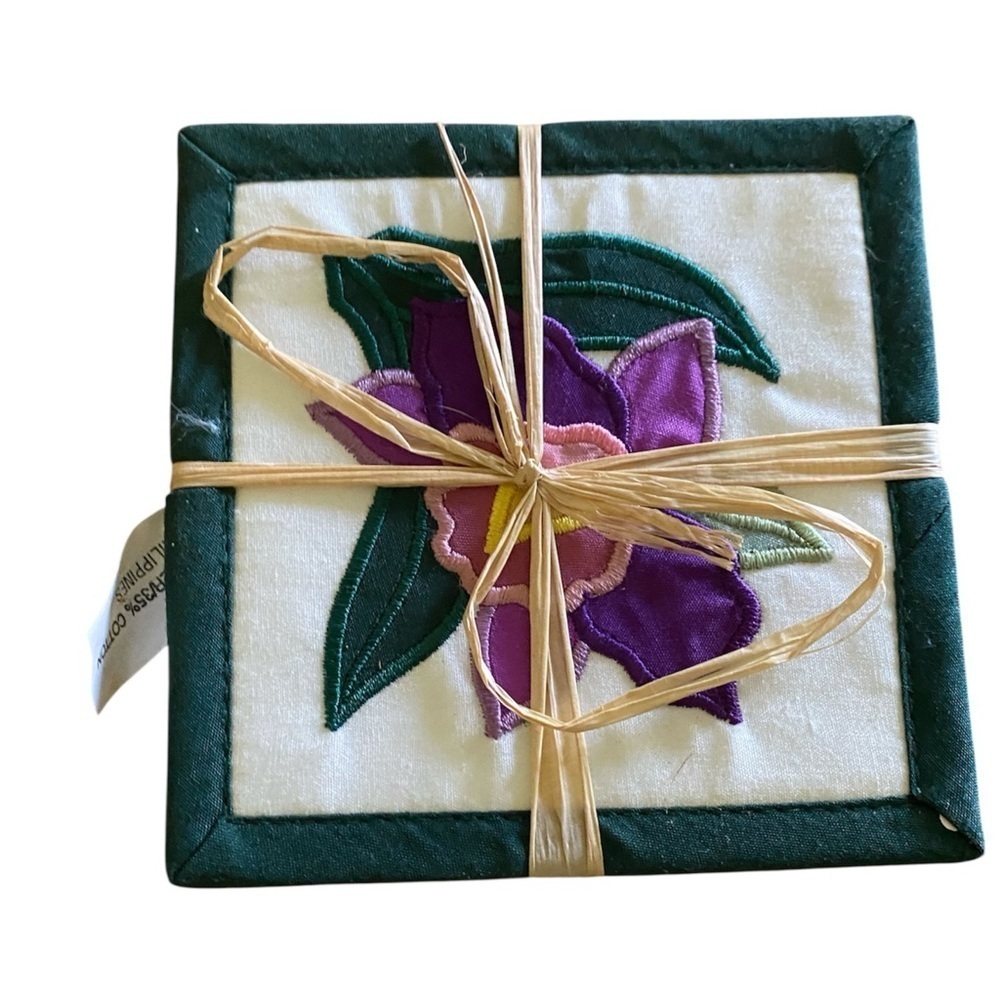 Set Of 4 Handcrafted Purple Floral Embroidered Fabric Quilted Square Coasters